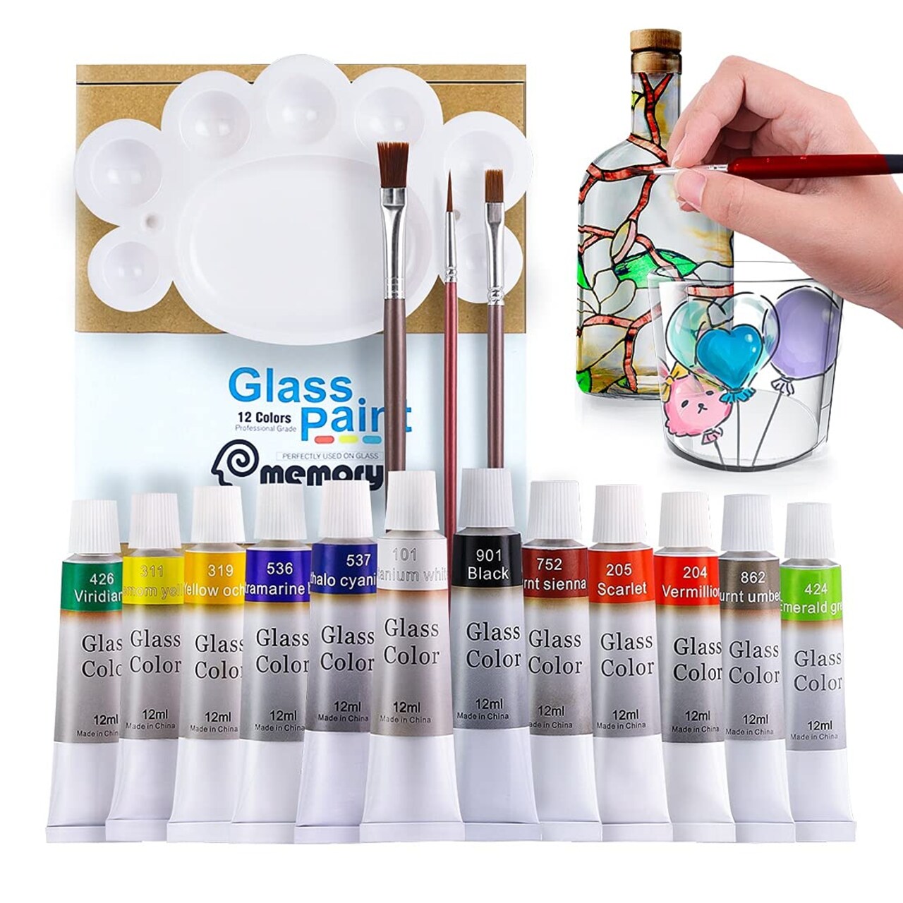Stain Glass Paint Kit with 12 Colors, 3 Nylon Brushes, 1 Palette, Permanent Acrylic Enamel Painting Set to Create Translucent Arts on Transparent Wine Glasses, Enamel, Window and Glass & Organizer Storage Tote Bag